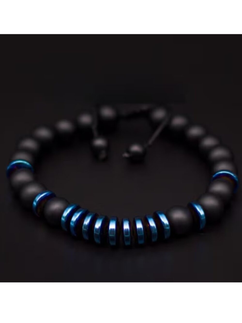 Men's Bracelet Matte Black Onyx Blue Hematite Protection Yoga Meditation Unisex